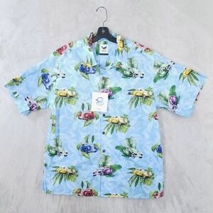 Yiume Classic Car Tropical Print Hawaiian Button Down Shirt Blue Mens Large NEW
